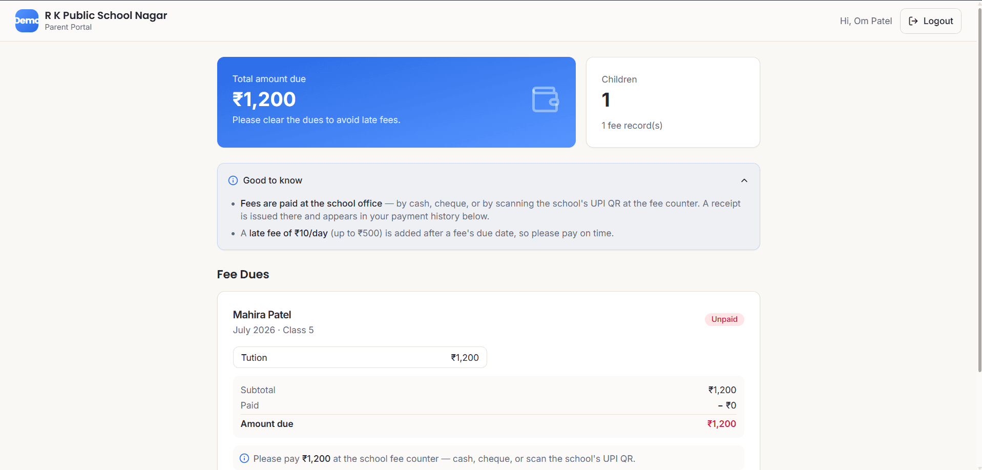 Schoolmix parent portal showing total amount due, a child's fee details and a note explaining how to pay at the school fee counter