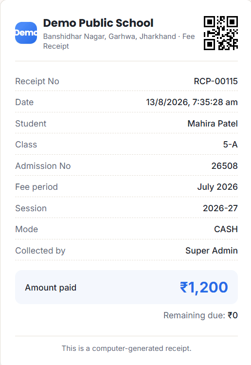 A Schoolmix fee receipt with the school's name and address, receipt number, student details, fee month, payment mode, amount paid and a QR code